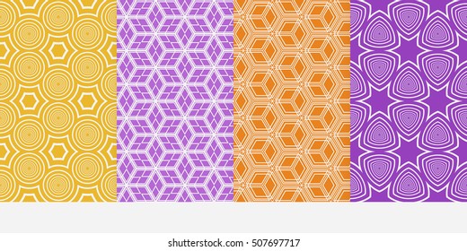 Geometric patterns of the shape cube, star, circle. Set of 4 seamless patterns. Vector illustration. For wallpaper design, prints, interior decoration, scrapbooking, backgrounds fill  site, web design
