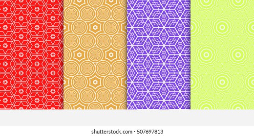 Geometric patterns of the shape cube, star, circle. Set of 4 seamless patterns. Vector illustration. For wallpaper design, prints, interior decoration, scrapbooking, backgrounds fill site, web design