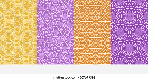 Geometric patterns of the shape cube, star, circle. Set of 4 seamless patterns. Vector illustration. For wallpaper design, prints, interior decoration, scrapbooking, backgrounds fill  site, web design