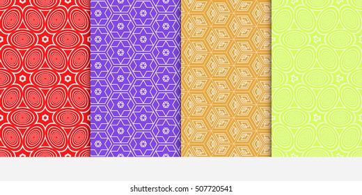 Geometric patterns of the shape cube, star, circle. Set of 4 seamless patterns. Vector illustration. For wallpaper design, prints, interior decoration, scrapbooking, backgrounds fill  site, web design