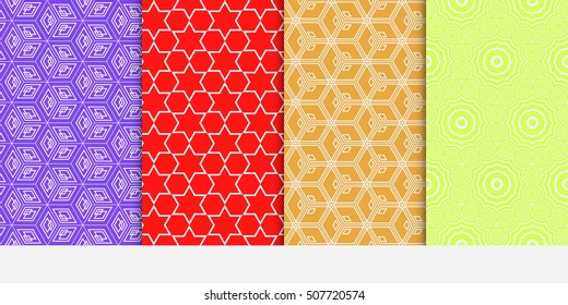Geometric patterns of the shape cube, star, circle. Set of 4 seamless patterns. Vector illustration. For wallpaper design, prints, interior decoration, scrapbooking, backgrounds fill  site, web design