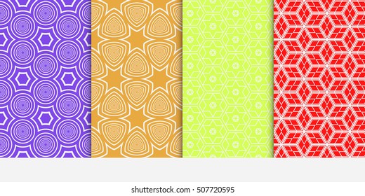 Geometric patterns of the shape cube, star, circle. Set of 4 seamless patterns. Vector illustration. For wallpaper design, prints, interior decoration, scrapbooking, backgrounds fill site, web design