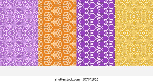 Geometric patterns of the shape cube, star, circle. Set of 4 seamless patterns. Vector illustration. For wallpaper design, prints, interior decoration, scrapbooking, backgrounds fill site, web design