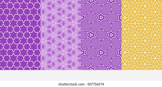 Geometric patterns of the shape cube, star, circle. Set of 4 seamless patterns. Vector illustration. For wallpaper design, prints, interior decoration, scrapbooking, backgrounds fill site, web design