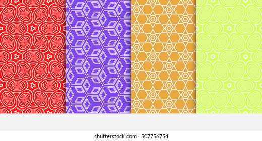 Geometric patterns of the shape cube, star, circle. Set of 4 seamless patterns. Vector illustration. For wallpaper design, prints, interior decoration, scrapbooking, backgrounds fill  site, web design