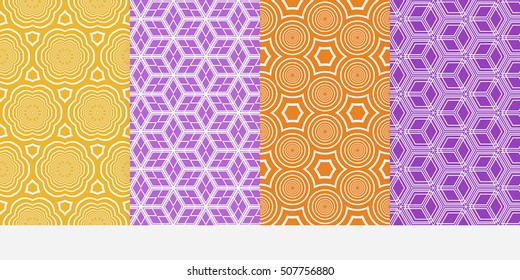Geometric patterns of the shape cube, star, circle. Set of 4 seamless patterns. Vector illustration. For wallpaper design, prints, interior decoration, scrapbooking, backgrounds fill site, web design