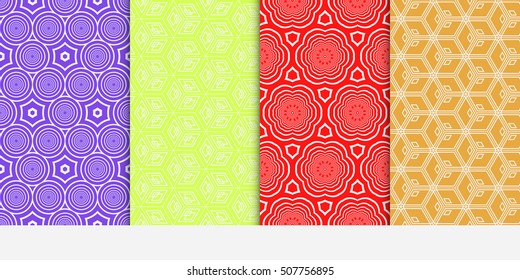 Geometric patterns of the shape cube, star, circle. Set of 4 seamless patterns. Vector illustration. For wallpaper design, prints, interior decoration, scrapbooking, backgrounds fill site, web design