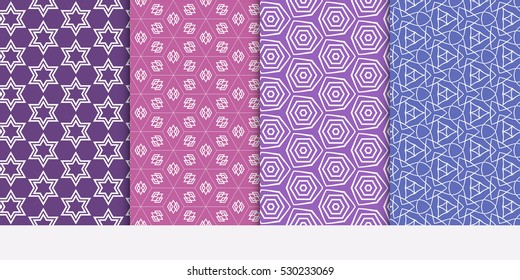 Geometric patterns of the shape cube, star, circle. Set of 4 seamless ornament. Vector illustration. For wallpaper design, prints, interior decoration