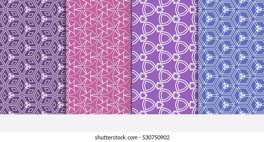 Geometric patterns of the shape cube, star, circle. Set of 4 seamless ornament. Vector illustration. For wallpaper design, prints, interior decoration