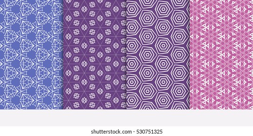 Geometric patterns of the shape cube, star, circle. Set of 4 seamless ornament. Vector illustration. For wallpaper design, prints, interior decoration