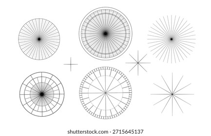 Patrones geométricos que muestran círculos con líneas radiales y concéntricas, que se asemejan a estallidos de estrellas. Diseño minimalista en blanco y negro, que transmite simetría y precisión.