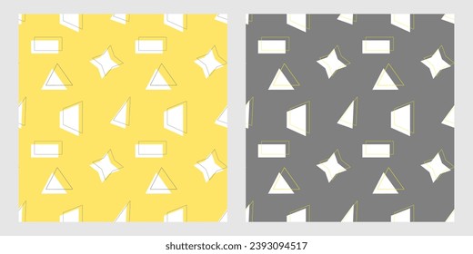 Geometric patterns with simple figures of triangle, trapezoid, rectangle, and their contours, on yellow and gray background. Vector illustration