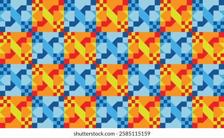 Geometric patterns and straight lines, provide a structured and precise look. Bright colors and dynamic shapes make it visually striking