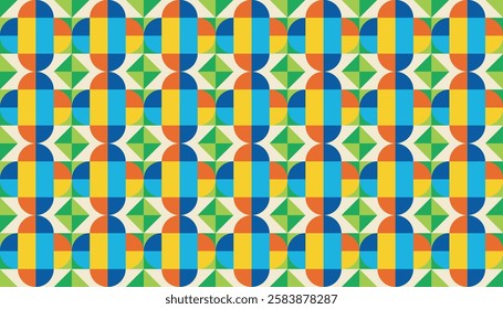 Geometric patterns with a strong emphasis on shapes and bright colors. The pattern evokes a cheerful and modern impression, making it suitable for both contemporary and retro design applications