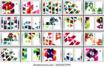 Geometric patterns, vibrant colors, triangles dominate designs. Various compositions, modern aesthetic, letter markings present.