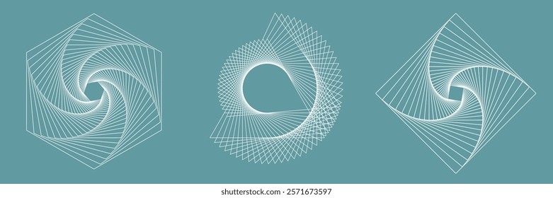 Geometric patterns in white lines on a teal background. Abstract shapes, geometric designs, and line art create intricate, mesmerizing patterns. Geometric elements, vector set.