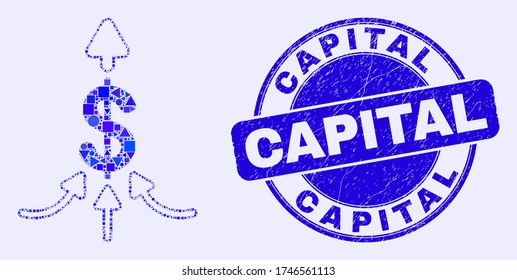 Geometric payment aggregator mosaic pictogram and Capital seal stamp. Blue vector round scratched stamp with Capital caption. Abstract mosaic of payment aggregator organized of round, triangles,