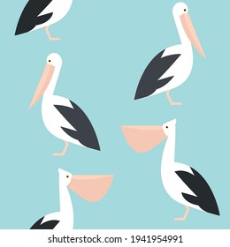 Geometric pelican vector seamless pattern. Repetitive pattern with geometric shaped water birds on light blue background. Marine, sea life concepts. Perfect for textile, backgrounds.