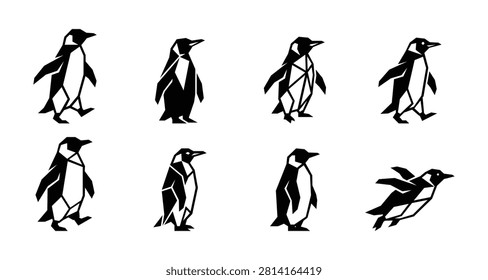 Geometric penguin logo icon set featuring minimalist polygonal penguin silhouettes in various poses