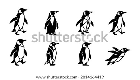 Geometric penguin logo icon set featuring minimalist polygonal penguin silhouettes in various poses