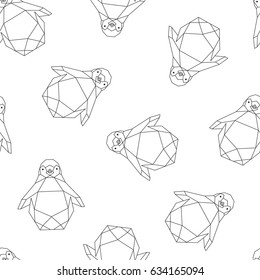 Geometric penguin outline pattern in black line on white background. Suitable for kids fabric prints, stationery, wrapping paper and minimalist wallpaper.