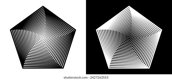 Geometric pentagon shape as modern design element or icon. Black shape on a white background and the same white shape on the black side.