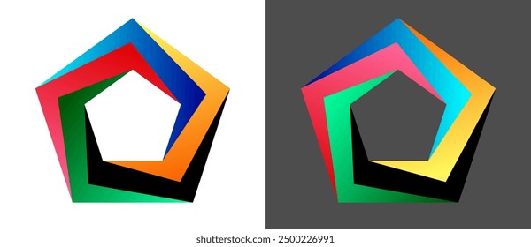 Geometric pentagon shape as modern design element or icon. Red, Green, Black, Yellow and Blue colors parts.