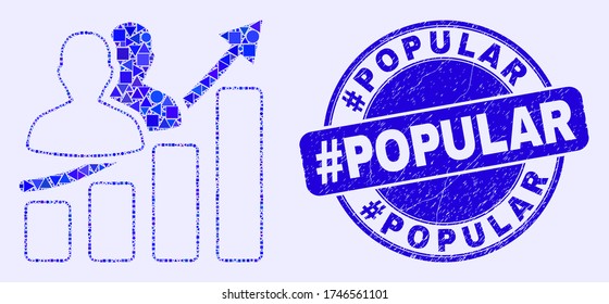 Geometric people growing chart mosaic pictogram and #Popular seal stamp. Blue vector rounded grunge seal stamp with #Popular text. Abstract mosaic of people growing chart created of circle, triangles,