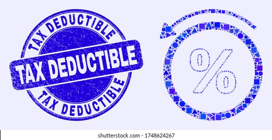 Geometric percent back mosaic icon and Tax Deductible seal. Blue vector round distress seal stamp with Tax Deductible message. Abstract mosaic of percent back done of round, triangles,