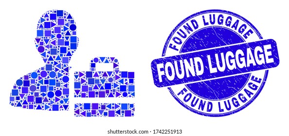 Geometric person case mosaic icon and Found Luggage seal stamp. Blue vector round distress seal with Found Luggage title. Abstract mosaic of person case made of round, triangles,