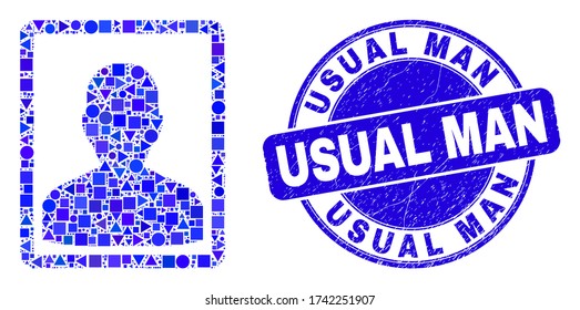 Geometric person portrait mosaic pictogram and Usual Man seal stamp. Blue vector round textured seal stamp with Usual Man text. Abstract mosaic of person portrait organized of spheric, triangles,