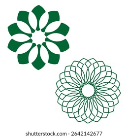 Geometric petal rosette. Floral mandala icon. Symmetric green ornament. Vector radial shape