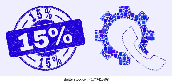 Geometric phone receiver gear mosaic pictogram and 15% seal. Blue vector round grunge seal stamp with 15% phrase. Abstract collage of phone receiver gear made of round, tringle,