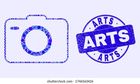 Geometric photo camera mosaic pictogram and Arts seal stamp. Blue vector round scratched seal stamp with Arts title. Abstract mosaic of photo camera constructed of sphere, triangles,