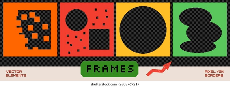 Geometric photo frame with abstract pixelated shape and funky border on kids card. Bold square frames and halftone dither for card. Vector set isolated for retro game content on checker bg as png.