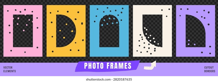 Геометрические фоторамки с вырезом для арки и рамкой из конфетти в горошек. Веселые бумажные фигуры розового и фиолетового цвета с отверстием в круге. Векторная рамка для фотоколлажа на клетчатом бг как прозрачный пнг