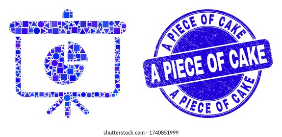 Geometric Pie Chart Demonstration Board Mosaic Icon And A Piece Of Cake Seal Stamp. Blue Vector Round Scratched Seal With A Piece Of Cake Message.