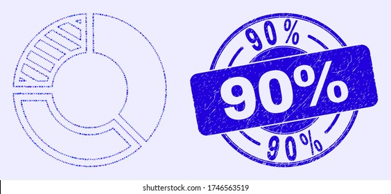 Geometric pie chart mosaic pictogram and 90% seal stamp. Blue vector round scratched seal stamp with 90% caption. Abstract mosaic of pie chart constructed of round, tringle, square geometric elements.