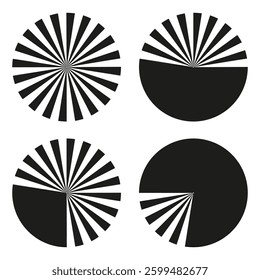 Geometric pie charts. Circular segment icons. Abstract black graphics. Vector business shapes.