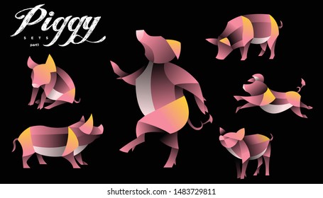 geometric pig design vector set , combined pink and little bit yellow and white color in black background. change able color and work well in both dark and light background