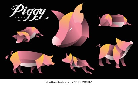 geometric pig design vector set , combined pink and little bit yellow and white color in black background. change able color and work well in both dark and light background