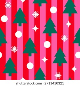 Geometrischer Kiefernbaum, Punkt und Stern mit rot gestreiftem, nahtlosem Musterdesign für Weihnachten und Neujahr.