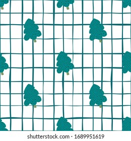 Bosque de pino geométrico sin soldadura. Fondo del árbol de Navidad. Nuevo año adorno en estilo doodle. Diseño para tela, impresión textil, papel envolvente. Ilustración vectorial simple