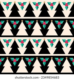 Geometric pine tree and holly berry with striped pattern design for christmas holidays background. 