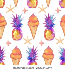 Patrón geométrico de piña y helado sin fisuras. Fondo de Vector de estrellas de mar y frutas de poli bajo tropical