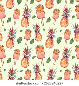 Ananases e picolés geométricos padrão sem costura. Fundo Poligonal Vetor de Frutas Tropicais e Sorvete