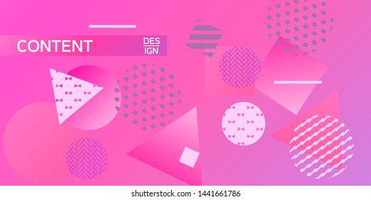 Geometric pink abstract background with trendy isometric shapes. Minimal universal banner templates in memphis style. Dynamic composition. Vector illustration.