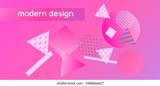 Geometric pink abstract background with trendy isometric shapes. Minimal universal banner templates in memphis style. Minimalistic pink background design with dynamic shapes. Vector illustration.