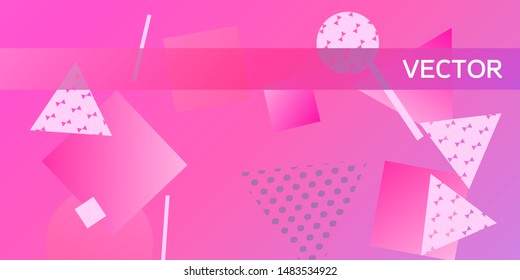 Geometric pink abstract background with trendy isometric shapes. Minimal universal banner templates in memphis style. Minimalistic pink background design with dynamic shapes. Vector illustration.