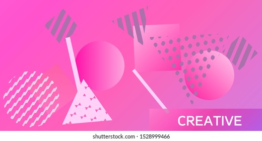 Geometric pink abstract background with trendy isometric shapes. Minimal universal banner templates in memphis style. Dynamic composition. Vector illustration.